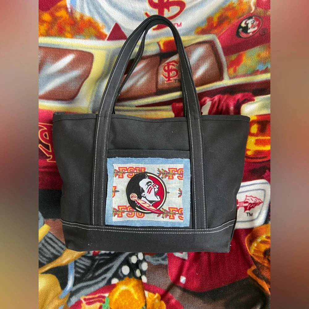 Florida State University Black Handcrafted Canvas Tote with FSU Logo Patchwork